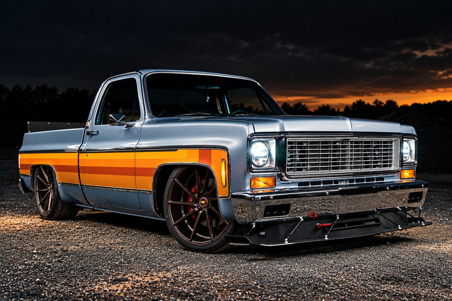 Lowered square-body pickup in silver with orange and red sunset stripes